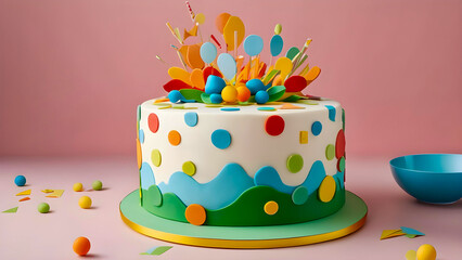 Playful Party Perfection - A Colorful Birthday Cake with Polka Dots on a Pink Background