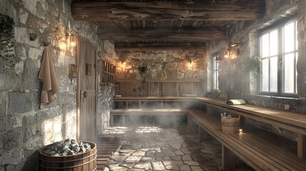 Create a detailed rear view of a traditional sauna