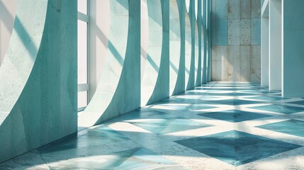 Bright Interior render with Patterned, Polished Floors. Bold, Geometric Architectural Shapes.