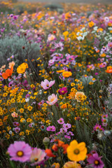 An overhead view of a field of wildflowers, with petals of varying textures and colors creating a vibrant landscape. 