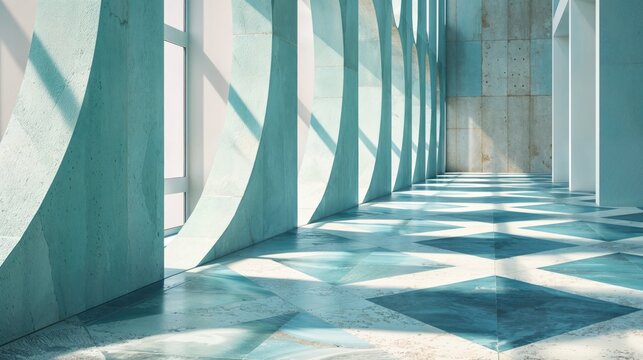 Bright Interior render with Patterned, Polished Floors. Bold, Geometric Architectural Shapes.