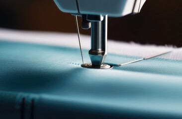 Sewing machine with fabric and thread, close-up, sewing machine day