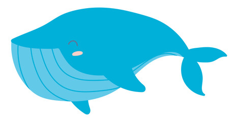 Cute blue whale in flat design. Happy underwater big fish swimming deep. Vector illustration isolated.