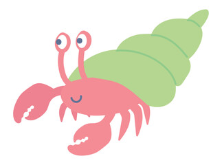 Cute crab hermit in flat design. Happy wild crustacean animal in shell. Vector illustration isolated.