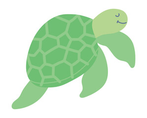 Cute green turtle in flat design. Happy underwater tortoise swimming. Vector illustration isolated.