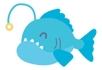 Cute angler fish in flat design. Underwater tropical predator with lantern. Vector illustration isolated.