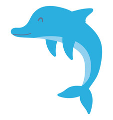 Cute dolphin jumping in flat design. Happy underwater blue marine animal. Vector illustration isolated.