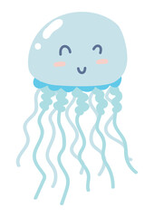 Cute jellyfish in flat design. Happy tropical medusa, undersea jelly creature. Vector illustration isolated.