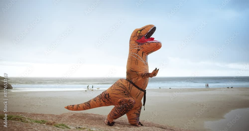 Canvas Prints Costume, sea and fun with tai chi, zen and peace for joke and wellness with nature. Mascot, inflatable dinosaur and exercise with blue sky, comic workout and cardio for health and fitness balance