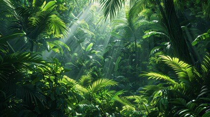 Illustrate the lush greenery of a tropical jungle in a low-angle perspective