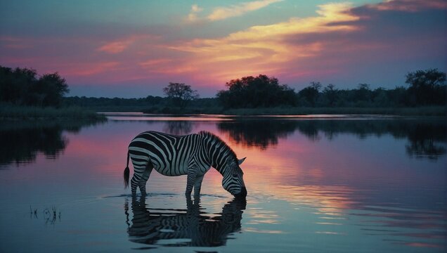Zebra with distinctive black and white coat drinking water from the serene lake that reflects the sunset sky