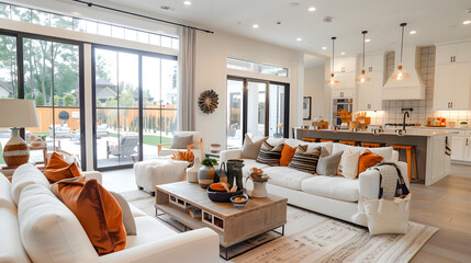 Fototapeta premium Beautiful living room interior in new luxury home with open concept floor plan. Shows kitchen, dining room, and wall of windows with amazing exterior