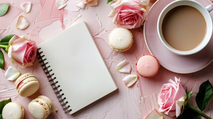 Notebook, Coffee Cup, and Macaroons on Wooden Table
