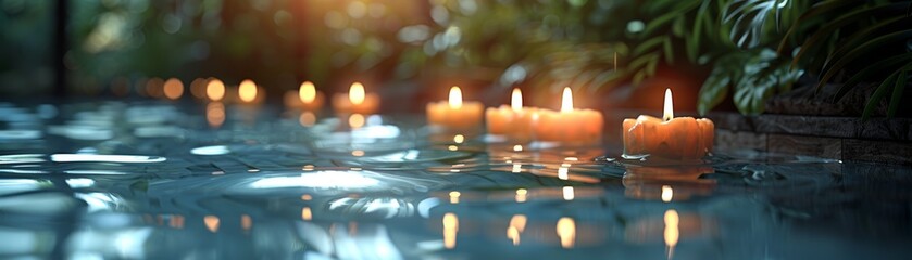 Floating candles in the pool create a relaxing atmosphere.