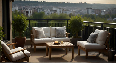 a balcony with furniture and a view of the city