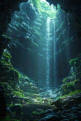 A mysterious cave entrance with rugged rock formations, dimly lit by natural sunlight filtering in from above, with a dark, deep interior