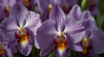 purple orchids are blooming in a garden