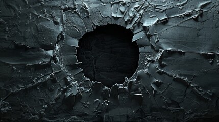 The image shows a dark textured surface with a centralized hole, resembling shattered glass or brittle material
