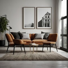 Fototapeta premium Modern Living room with wall poster mockup. Interior house background. Modern interior room design. 3D render