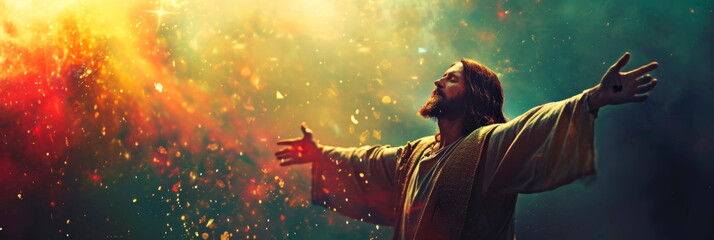 Jesus extending open arms, welcoming humanity to experience salvation through faith and grace.Generative AI