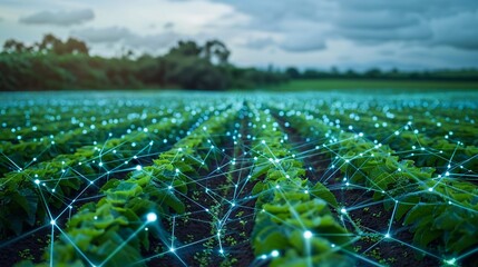 The image shows a field of lettuce with a network of glowing dots representing the Internet of Things (IoT) and wireless connectivity.