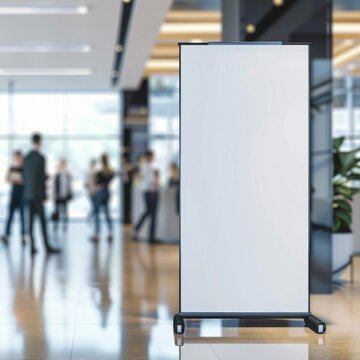 A blank vertical banner display stands in a busy corporate office lobby with people in the background