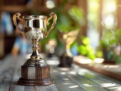 Celebratory business environment featuring a trophy that exemplifies outstanding financial performance and strategic victory