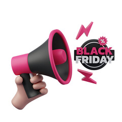 megaphone announcement, Black Friday, isolated on transparent background. 3D rendering