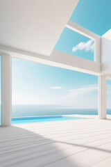 Fototapeta premium Sea view empty large living room of luxury summer beach house with swimming pool near terrace. Big white wall background in vacation home or holiday villa. 3D Rendering