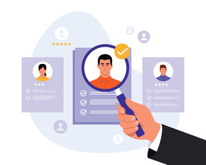 Vector illustration of reviewing employee questionnaires when hiring. Cartoon scene of employer reviewing resume, hand holding magnifying glass isolated on white background. Search for job candidates.