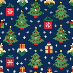 Seamless pattern of pixelated holiday motifs like Christmas trees, snowflakes, and presents, perfect for festive gift wrapping, Generative AI