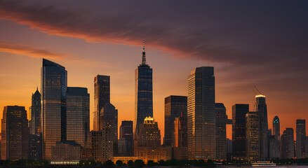 the new york skyline at sunset
