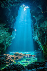 Obraz premium A mysterious cave entrance with rugged rock formations, dimly lit by natural sunlight filtering in from above, with a dark, deep interior
