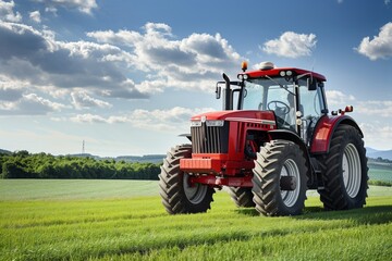 Obraz premium Classic red tractor on a vibrant green farm, copy space for text on the left.