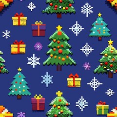 Naklejka premium Seamless pattern of pixelated holiday motifs like Christmas trees, snowflakes, and presents, perfect for festive gift wrapping, Generative AI