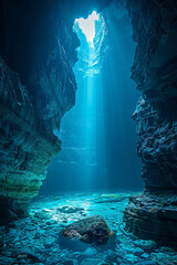 Obraz premium A mysterious cave entrance with rugged rock formations, dimly lit by natural sunlight filtering in from above, with a dark, deep interior