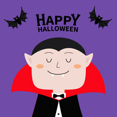 Happy Halloween. Count Dracula head face with fang teeth. Black and red cape. Flying bat. Cute cartoon kawaii smiling vampire character. Greeting card. Flat design. Violet background. Isolated. Vector