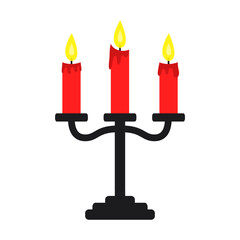 Black candle holder with burning red candles. Three wax candlestick set. Yellow light fire. Simple sign symbol. Cartoon icon. Happy Halloween. Flat design. White background. Isolated. Vector