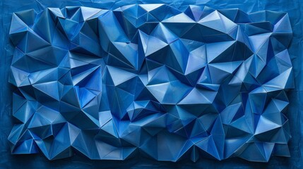 Fototapeta premium Abstract origami artwork made of folded blue paper blocks.