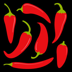 Fresh red chili cayenne peppers. Hot chili pepper icon set. Hot food spices. Healthy lifestyle. Sticker print template. Simple sign symbol. Flat design. Black background. Isolated. Vector illustration