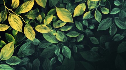 Abstract background , with geometric patterns of leaves, petals, and branches in shades of green and yellow against a contrasting black background - Powered by Adobe