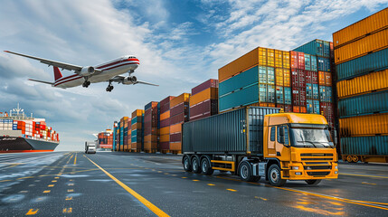 Global business of containers, container transport, cargo plane, truck.