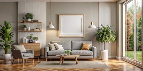 Interior of living room with gray walls, wooden floor, comfortable sofa and armchairs, coffee table and white mock up poster frames. AI generated