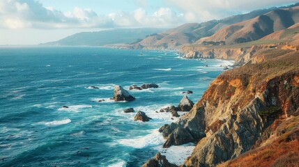 A rugged coastline stretching into the distance, waves crashing against dramatic cliffs, panoramic...