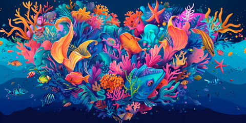 diverse marine life forming the shape of a heart, vibrant colors, World Oceans Day
