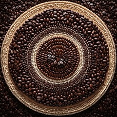 intricate arrangement of coffee beans and white beans, forming circular pattern, mandala. concepts: coffee advertisements, wall decoration in cafes or coffee shops, brewing methods, coffee culture.
