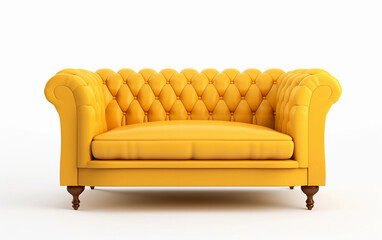 Modern yellow sofa with pillows on wooden legs isolated on white. Yellow suede couch isolated
