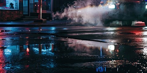Wet asphalt reflecting neon lights, with steam rising and a car's headlights creating a moody, urban night scene. The environment is atmospheric with vivid reflections and city details.