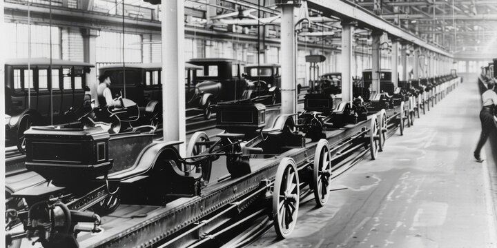 Fototapeta An early 20th-century car assembly line showing partially assembled vehicles. Workers are seen in the background, emphasizing the historical industrial production process.