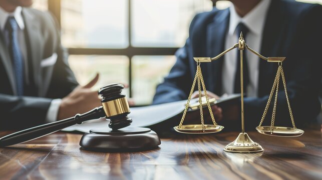 Scales of justice and judge gavel on table, closeup